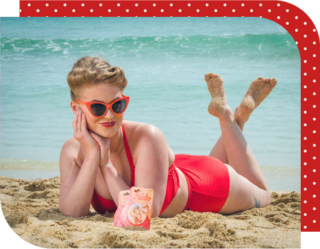 halto girl on beach with product